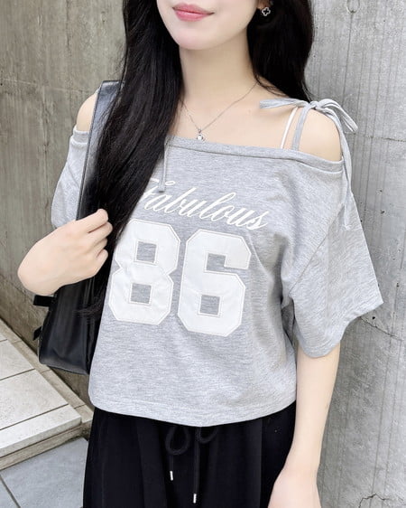 ワンショル肩リボンナンバリングTシャツ