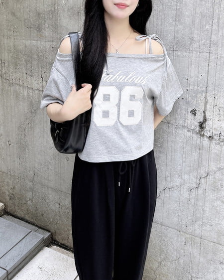 INGNI（イング） ワンショル肩リボンナンバリングTシャツ ｸﾞﾚｰ