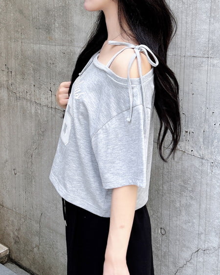 INGNI（イング） ワンショル肩リボンナンバリングTシャツ ｸﾞﾚｰ