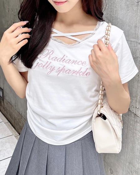 サイドギャザーレース付ロゴクロスTシャツ