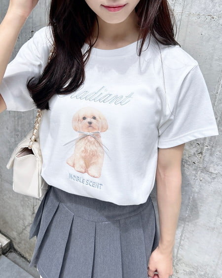 リボン付犬プリントTシャツ