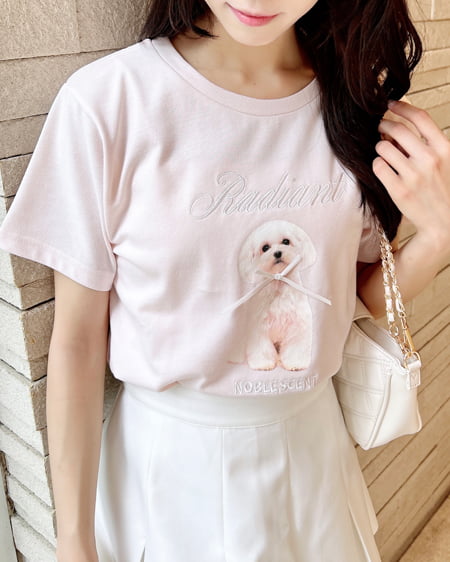 リボン付犬プリントTシャツ