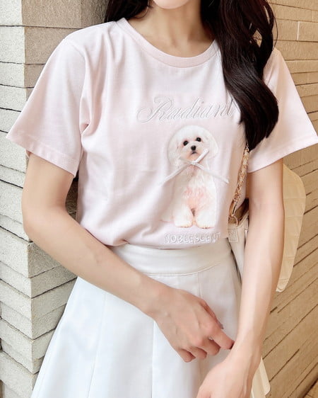 INGNI（イング） リボン付犬プリントTシャツ ﾋﾟﾝｸ/ｵﾌﾎﾜｲﾄ
