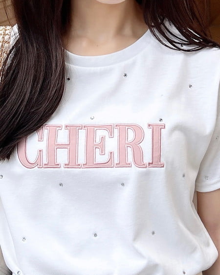 INGNI（イング） ラインストーン飛ばしラバー貼付Tシャツ ｵﾌﾎﾜｲﾄ/ﾋﾟﾝｸ