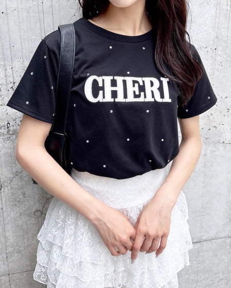 ラインストーン飛ばしラバー貼付Tシャツ