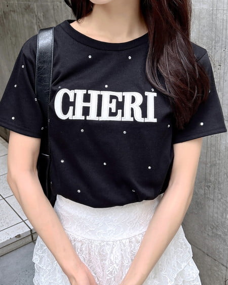 INGNI（イング） ラインストーン飛ばしラバー貼付Tシャツ ｸﾛ/ｵﾌﾎﾜｲﾄ