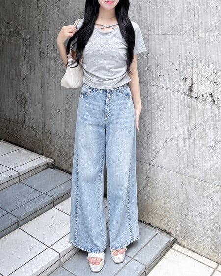 INGNI（イング） サイドギャザーレース付ロゴクロスTシャツ ｸﾞﾚｰ/ｵﾌﾎﾜｲﾄ