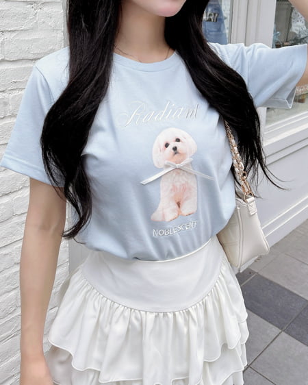 リボン付犬プリントTシャツ