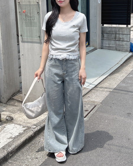 INGNI（イング） 裾レース胸プレート付リブトップス ｸﾞﾚｰ