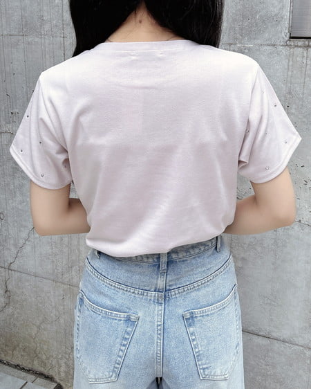 INGNI（イング） ラインストーン飛ばしラバー貼付Tシャツ ﾗｲﾄﾋﾟﾝｸ/ｵﾌﾎﾜｲﾄ