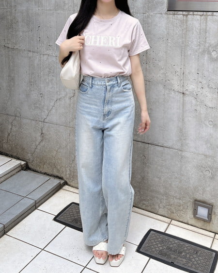 INGNI（イング） ラインストーン飛ばしラバー貼付Tシャツ ﾗｲﾄﾋﾟﾝｸ/ｵﾌﾎﾜｲﾄ