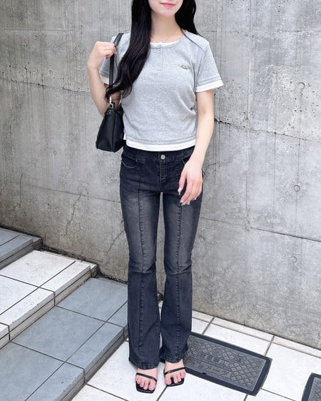 INGNI（イング） ヘンリー胸プレート付レイヤードリブトップス ｸﾞﾚｰ/ｵﾌﾎﾜｲﾄ