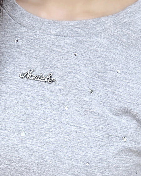 INGNI（イング） サイドギャザーラインストーン飛ばしプレート付Tシャツ ｸﾞﾚｰ