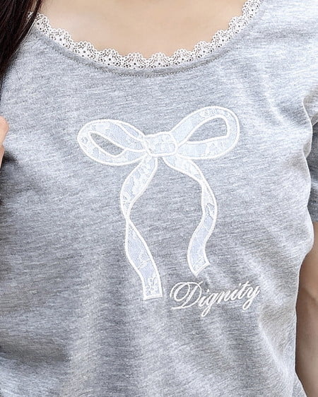 INGNI（イング） レース付きリボンTシャツ ｸﾞﾚｰ