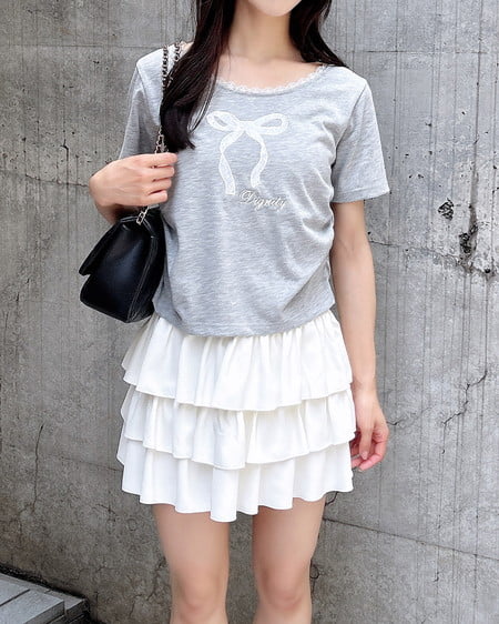 INGNI（イング） レース付きリボンTシャツ ｸﾞﾚｰ