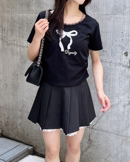 INGNI（イング） レース付きリボンTシャツ ｸﾛ