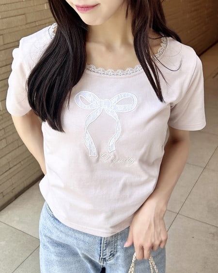 レース付きリボンTシャツ