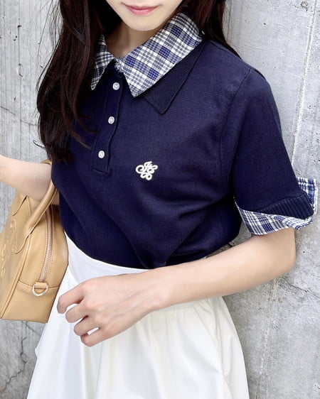【新色追加】ダブルカラー胸刺繍半袖ポロニット