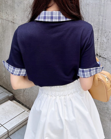 INGNI（イング） ダブルカラー胸刺繍半袖ポロニット ｺﾝ/ﾁｪｯｸ