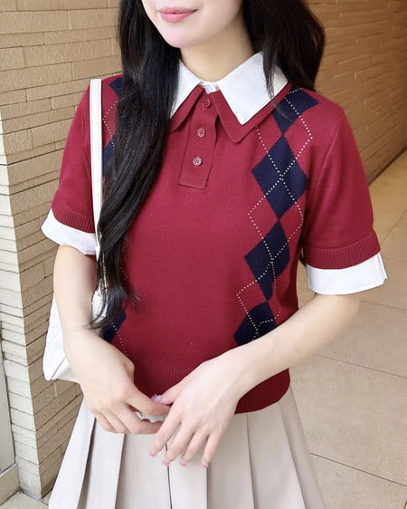 アーガイル柄ダブルカラー半袖ポロニット