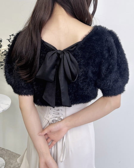 【WEB先行】バックリボンフェザーヤーン半袖ニット