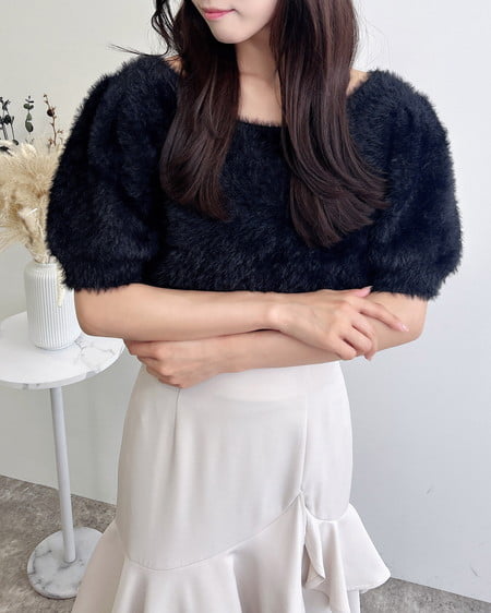 INGNI（イング） バックリボンフェザーヤーン半袖ニット ｸﾛ