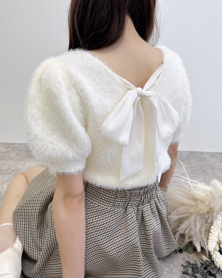 【WEB先行】バックリボンフェザーヤーン半袖ニット