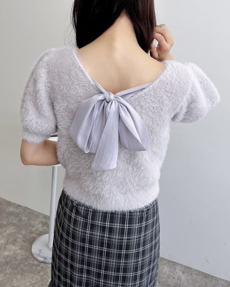 【WEB先行】バックリボンフェザーヤーン半袖ニット