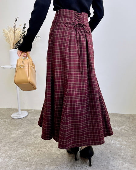 バックレースアップチェック柄マーメイドスカート