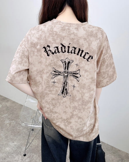 ムラ染めバックラインストーンクロスロゴチュニックTシャツ