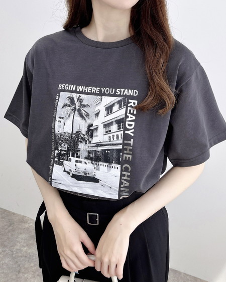 INGNI（イング） 転写箔プリントTシャツ ﾁｬｺｰﾙｸﾞﾚｰ/ｼﾙﾊﾞｰ