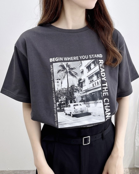 INGNI（イング） 転写箔プリントTシャツ ﾁｬｺｰﾙｸﾞﾚｰ/ｼﾙﾊﾞｰ