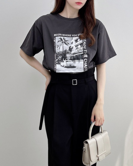 INGNI（イング） 転写箔プリントTシャツ ﾁｬｺｰﾙｸﾞﾚｰ/ｼﾙﾊﾞｰ