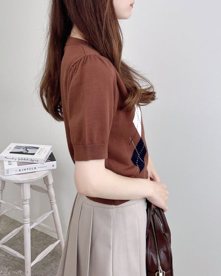 INGNI（イング） アーガイル半袖ニットカーディガン ﾌﾞﾗｳﾝ