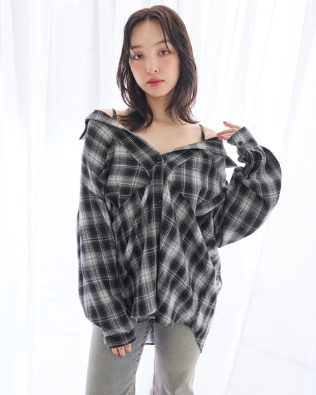 2Wayオフショルチェック柄シャツ