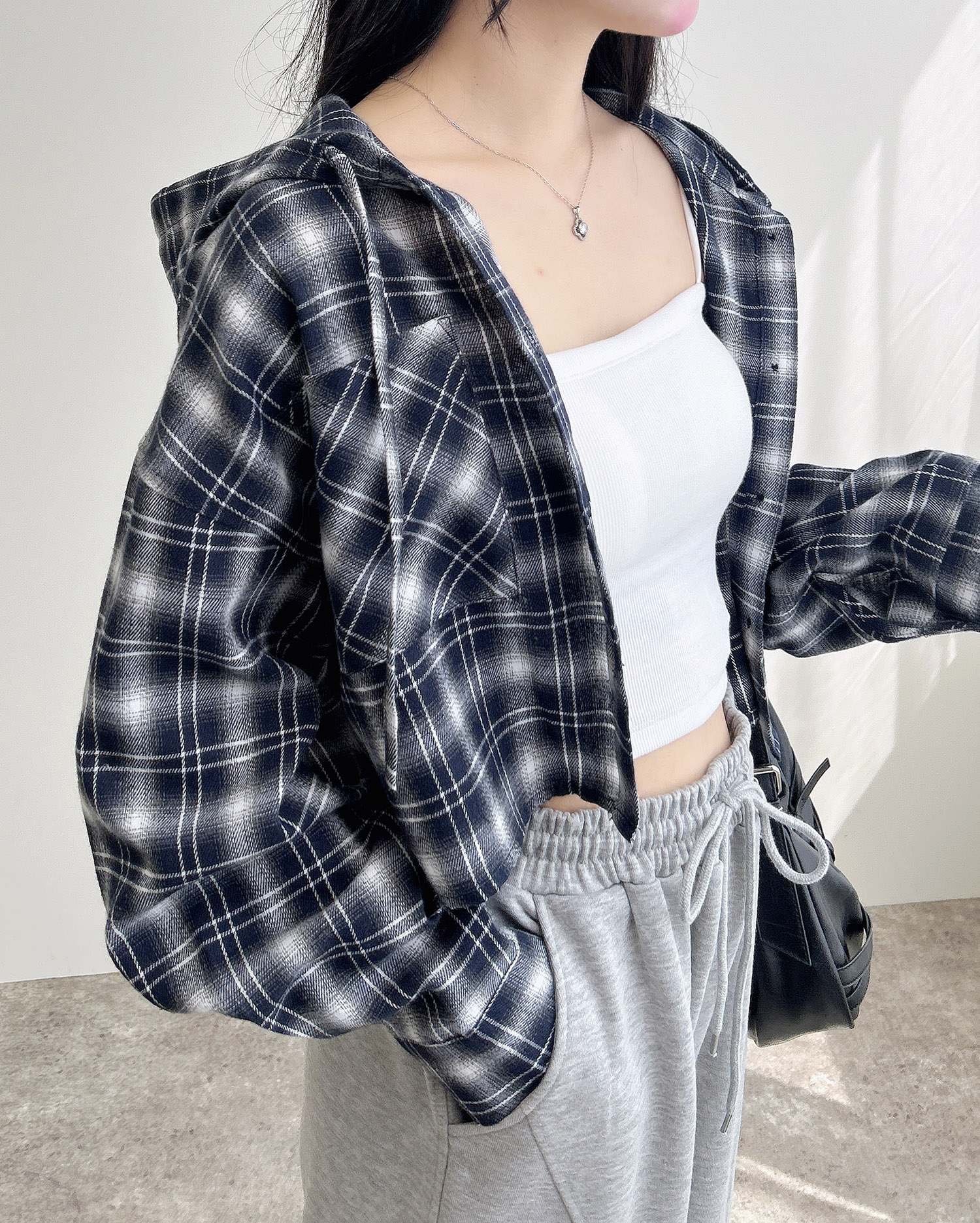 フードチェック柄ショートシャツ