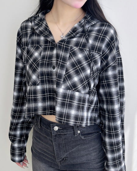 INGNI（イング） フードチェック柄ショートシャツ ｸﾛ/ﾁｪｯｸ
