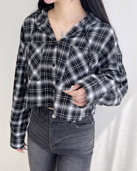INGNI（イング） フードチェック柄ショートシャツ ｸﾛ/ﾁｪｯｸ