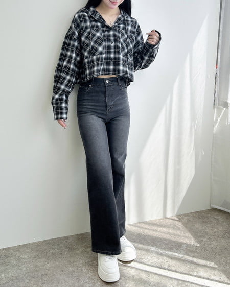 INGNI（イング） フードチェック柄ショートシャツ ｸﾛ/ﾁｪｯｸ