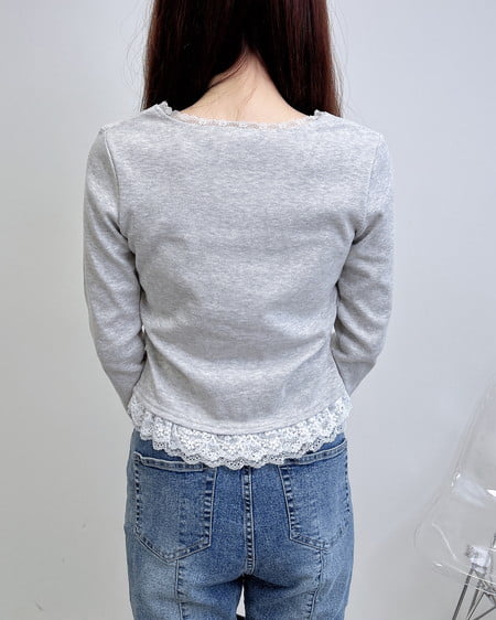 INGNI（イング） ヘンリーネックレース付プレートロゴ長袖リブトップス ｸﾞﾚｰ
