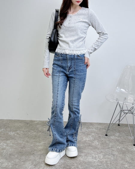 INGNI（イング） ヘンリーネックレース付プレートロゴ長袖リブトップス ｸﾞﾚｰ
