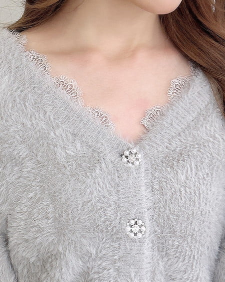 INGNI（イング） レース付フェザーニットカーディガン ﾗｲﾄｸﾞﾚｰ