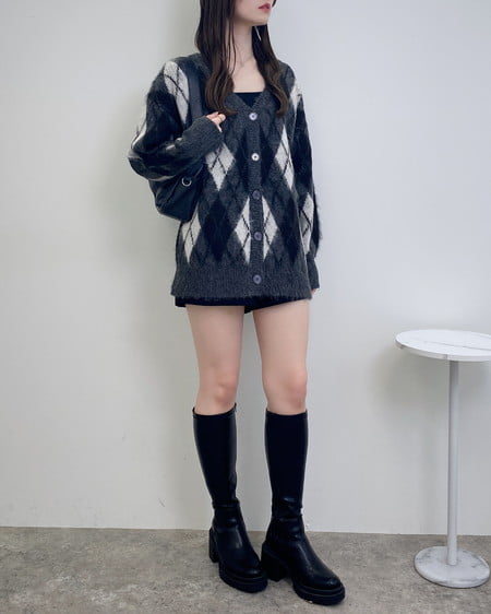 INGNI（イング） アーガイル柄ジャガードロングニットカーディガン ﾁｬｺｰﾙｸﾞﾚｰ