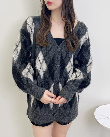 INGNI（イング） アーガイル柄ジャガードロングニットカーディガン ﾁｬｺｰﾙｸﾞﾚｰ