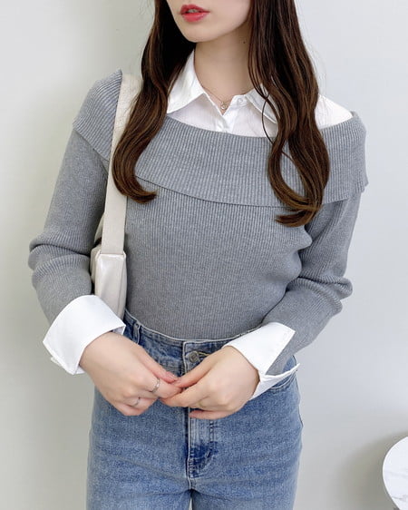 シャツレイヤード風リブオフショルニット