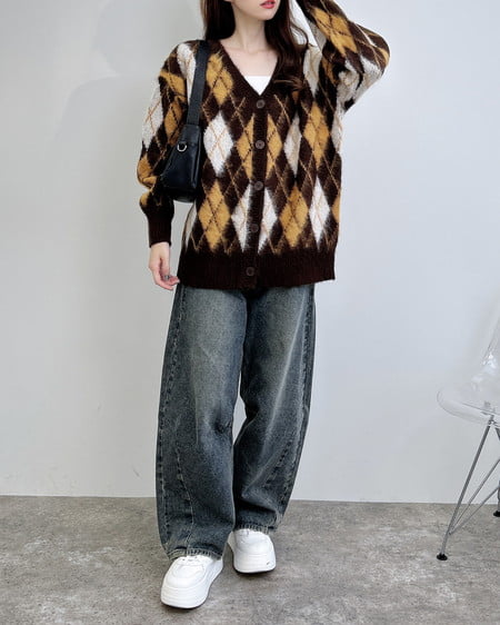 INGNI（イング） アーガイル柄ジャガードロングニットカーディガン ﾌﾞﾗｳﾝ