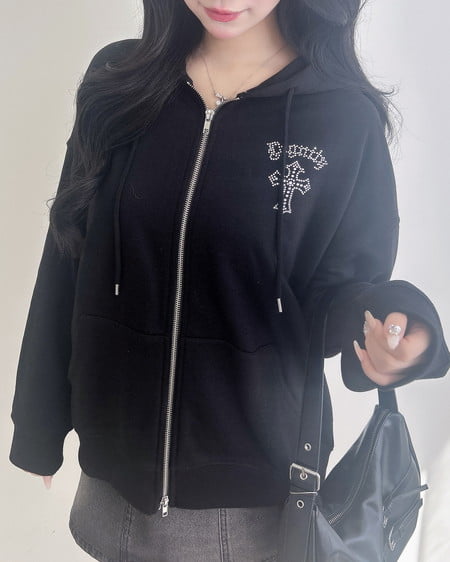 INGNI（イング） バックラインストーンクロススウェットチュニックパーカー ｸﾛ