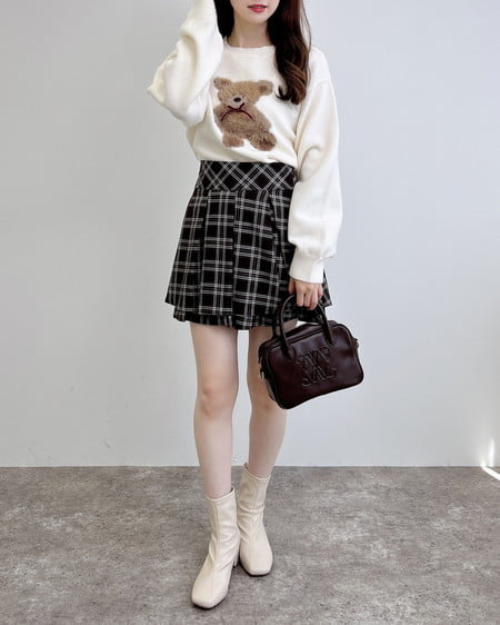 INGNI（イング） バックレースアップチェック柄タックフレアスカート ﾌﾞﾗｳﾝ/ﾁｪｯｸ