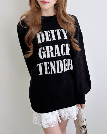 INGNI(イング) ジャガード3段ビッグロゴニット クロ/オフホワイト