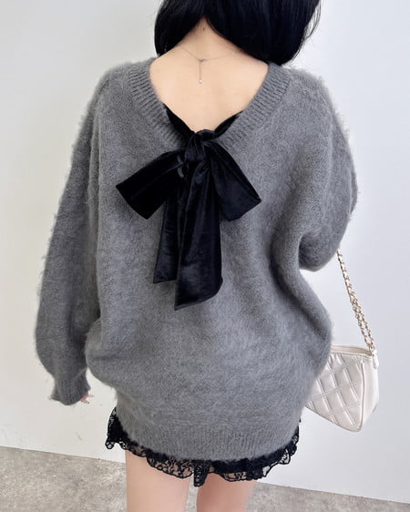 INGNI（イング） バックベロアリボンシャギーチュニックニット ﾁｬｺｰﾙｸﾞﾚｰ